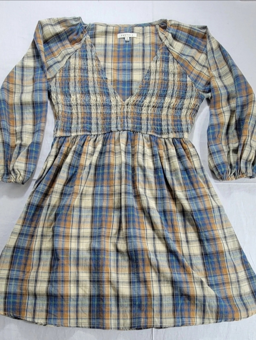 BaeVely Blue & Cream Plaid Smocked Midi Dress Medium